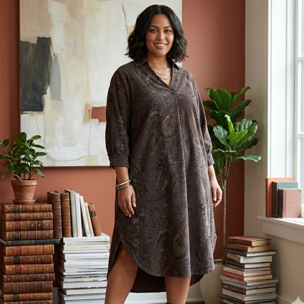 Corduroy Women’s Plus Sz 3X Shirt Dress Tunic Brown Paisley Boho Prairie Western